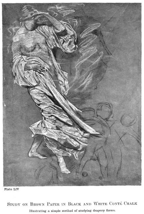 Plate LIV. STUDY ON BROWN PAPER IN BLACK AND WHITE CONTÉ CHALK Illustrating a simple method of studying drapery forms.